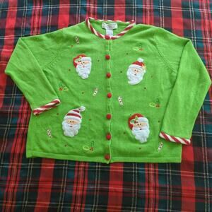 Green Cardigan Christmas Sweater Appliqued Santa by Tiara International